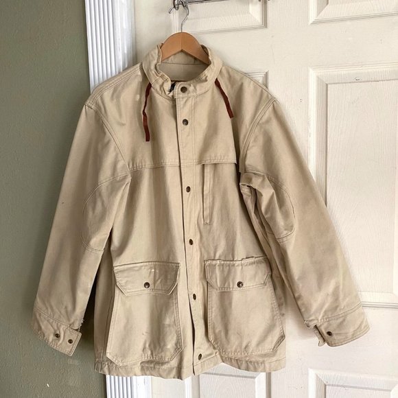 Vtg REI Co op beige utility cargo jacket/coat mens XL (packed hood) heavy canvas - Picture 2 of 16